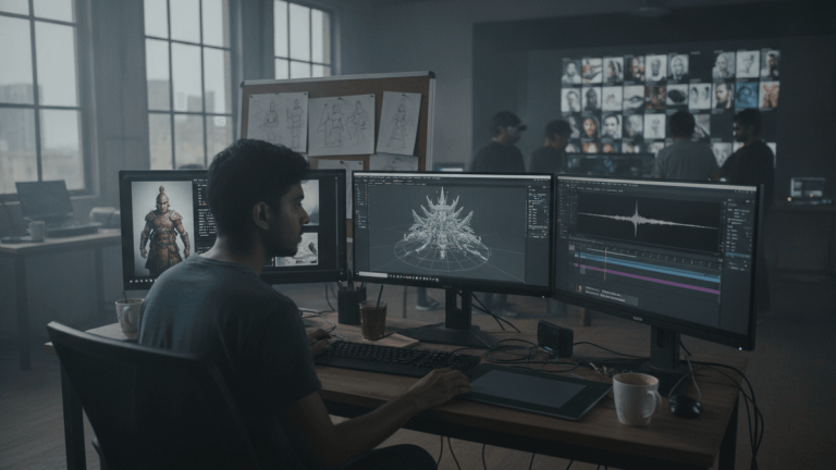A filmmaker sits at a desk with three computer monitors displaying AI-generated concept art and audio waveforms.