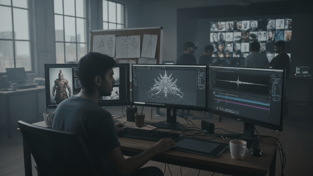 A filmmaker sits at a desk with three computer monitors displaying AI-generated concept art and audio waveforms.