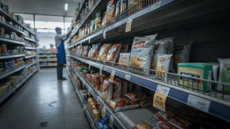 An Indian grocery store aisle is stocked with snack foods, many displaying "New Pack" labels, while a worker stocks shelves in the distance.