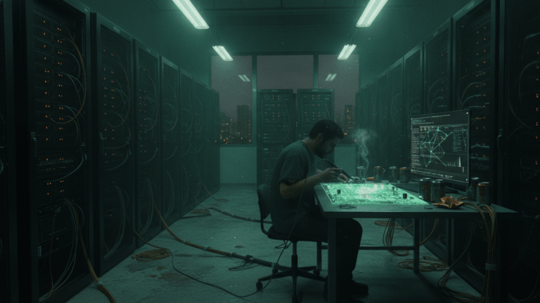 A man sits at a desk in a dark server room, soldering a circuit board illuminated by a green glow, surrounded by server racks.