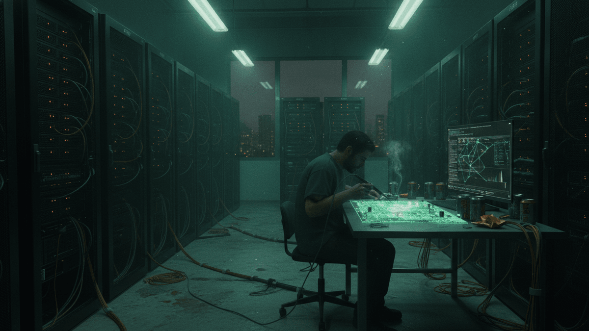 A man sits at a desk in a dark server room, soldering a circuit board illuminated by a green glow, surrounded by server racks.