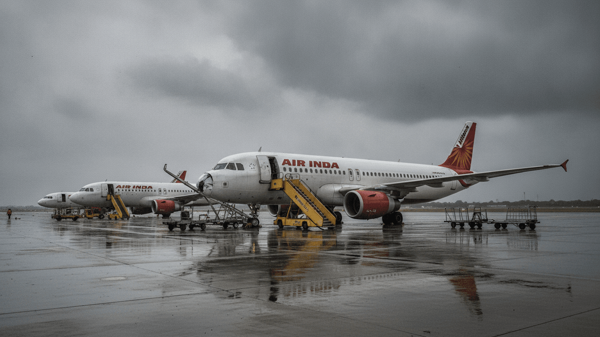 Three Air India airplanes are parked on a wet tarmac under a heavily overcast sky. Ground support equipment surrounds the planes.