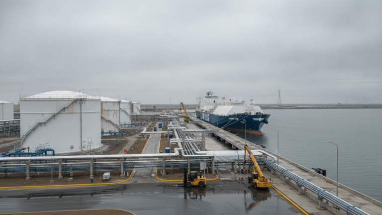 An aerial shot of an LNG port with large white storage tanks, extensive blue and white pipelines, a docked LNG carrier ship, and industrial equipment.