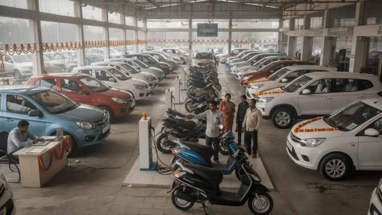 An Indian auto dealership interior with rows of new cars and motorbikes, a sales desk, and a few customers