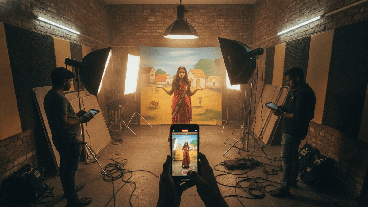 A woman in a red sari stands before a painted backdrop, illuminated by studio lights, as two crew members monitor tablets and a third holds a phone recording.