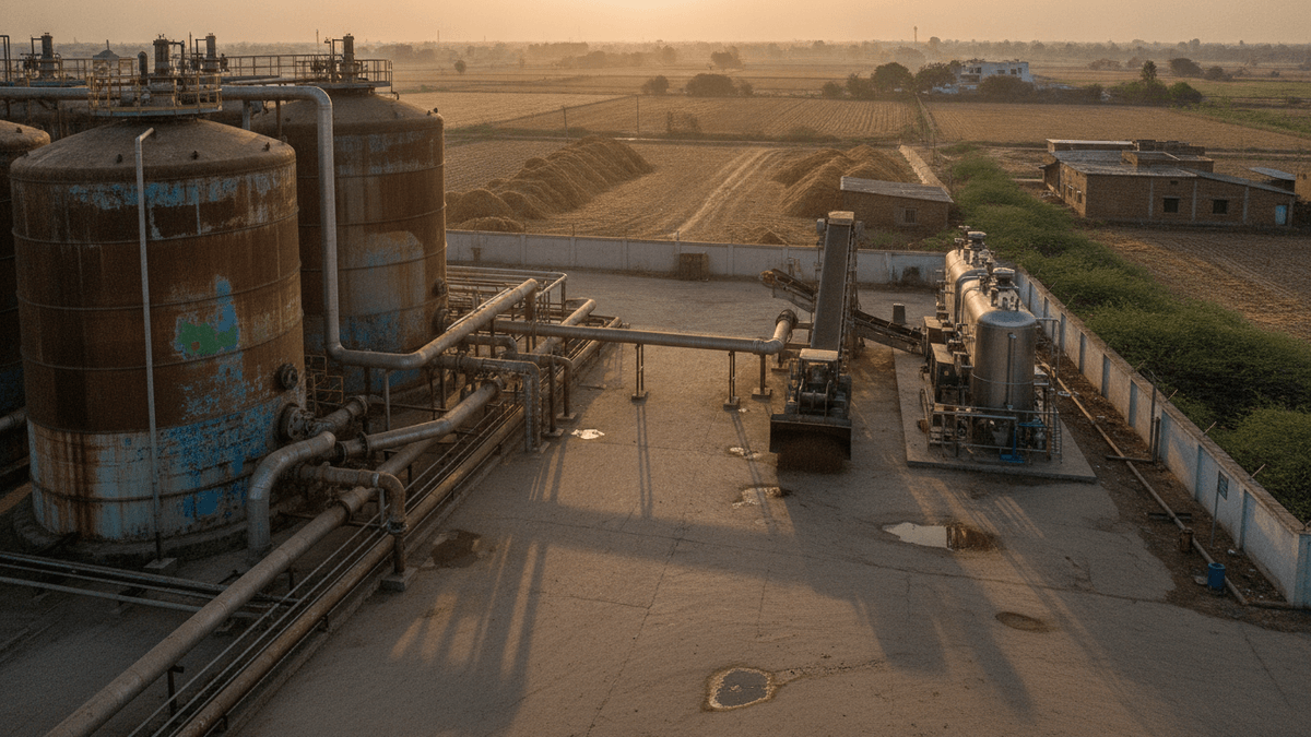 An aerial view of an industrial biogas facility at sunset, featuring large, rusty cylindrical tanks and interconnected piping.