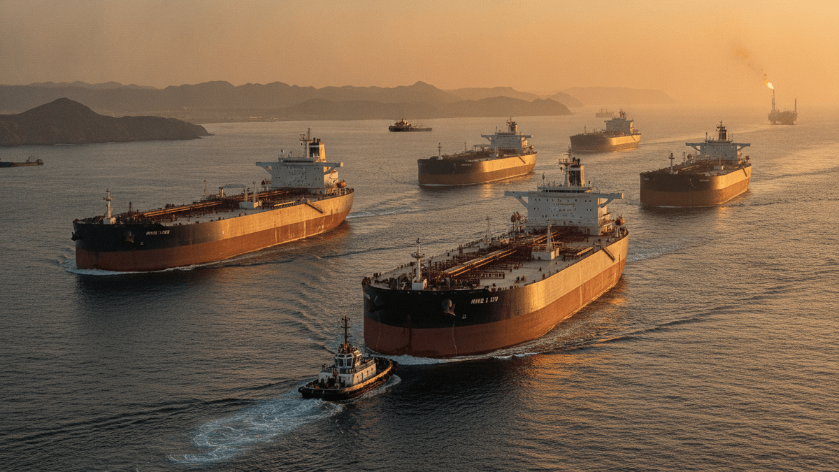 An aerial shot of several massive oil tankers being guided by smaller tugboats through a calm strait at sunset.