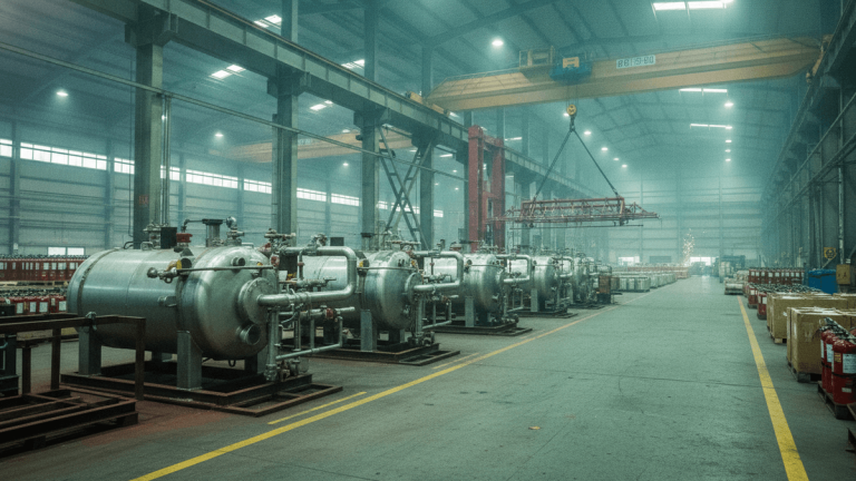 Wide interior shot of a factory floor with a row of large, cylindrical metal tanks for fire suppression systems, an overhead gantry crane, and stacked boxes of fire extinguishers.