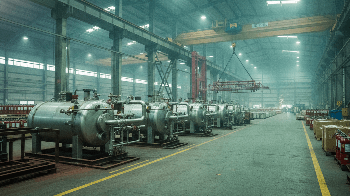 Wide interior shot of a factory floor with a row of large, cylindrical metal tanks for fire suppression systems, an overhead gantry crane, and stacked boxes of fire extinguishers.