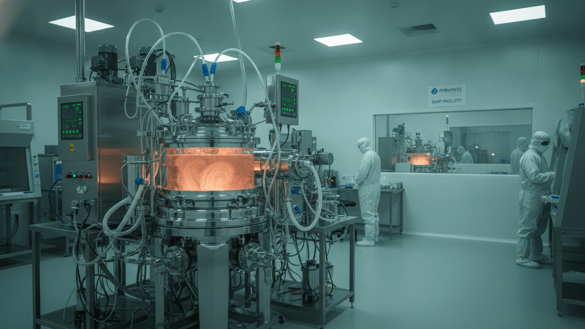 A large, gleaming bioreactor with glowing orange liquid inside dominates a sterile cleanroom. Two scientists in full PPE work in the background.