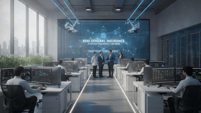 Four people in business attire standing in a modern, open-plan office with large screens displaying AI network graphics and cityscape views.