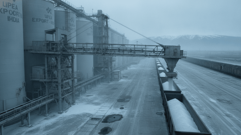 An aerial shot of a large industrial complex with several towering silos, train cars filled with white granular material, and a loading conveyor system under a snowy, overcast sky.
