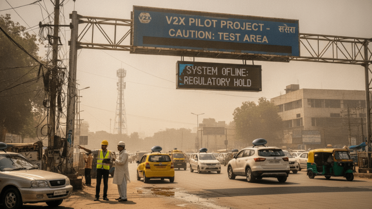 An overhead gantry sign on a busy, dusty Indian road reads "V2X PILOT PROJECT - CAUTION: TEST AREA" and below it "SYSTEM OFFLINE: REGULATORY HOLD." Below, cars, auto-rickshaws, and two men, one in a hardhat, stand near the roadside, with a telecom tower in the hazy background.