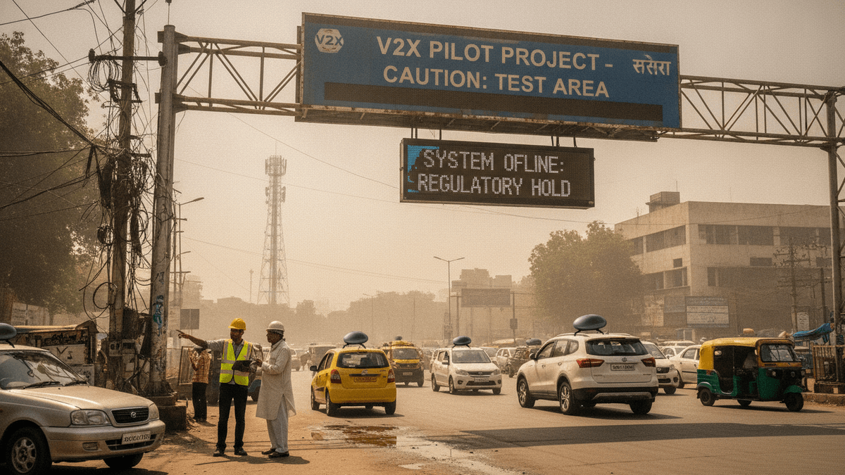 An overhead gantry sign on a busy, dusty Indian road reads "V2X PILOT PROJECT - CAUTION: TEST AREA" and below it "SYSTEM OFFLINE: REGULATORY HOLD." Below, cars, auto-rickshaws, and two men, one in a hardhat, stand near the roadside, with a telecom tower in the hazy background.