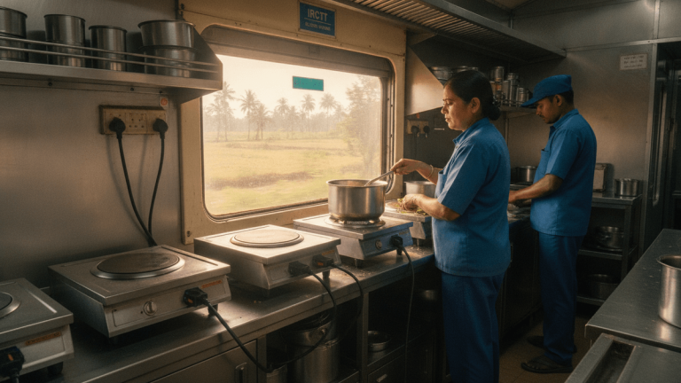 Two IRCTC catering staff, one stirring a pot on an induction stove, inside a train kitchen with windows showing palm trees.