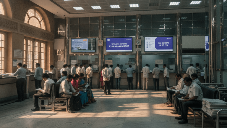 Wide shot of a bustling Indian bank lobby, showing customers at counters and seated, with large digital displays showing financial data.