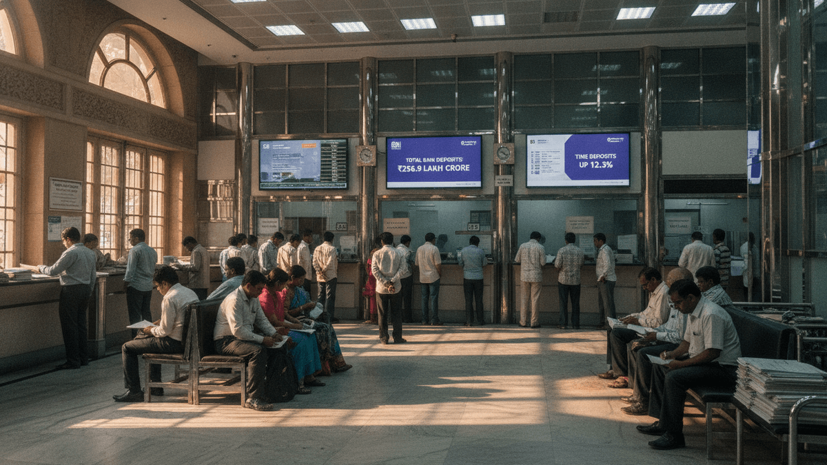 Wide shot of a bustling Indian bank lobby, showing customers at counters and seated, with large digital displays showing financial data.