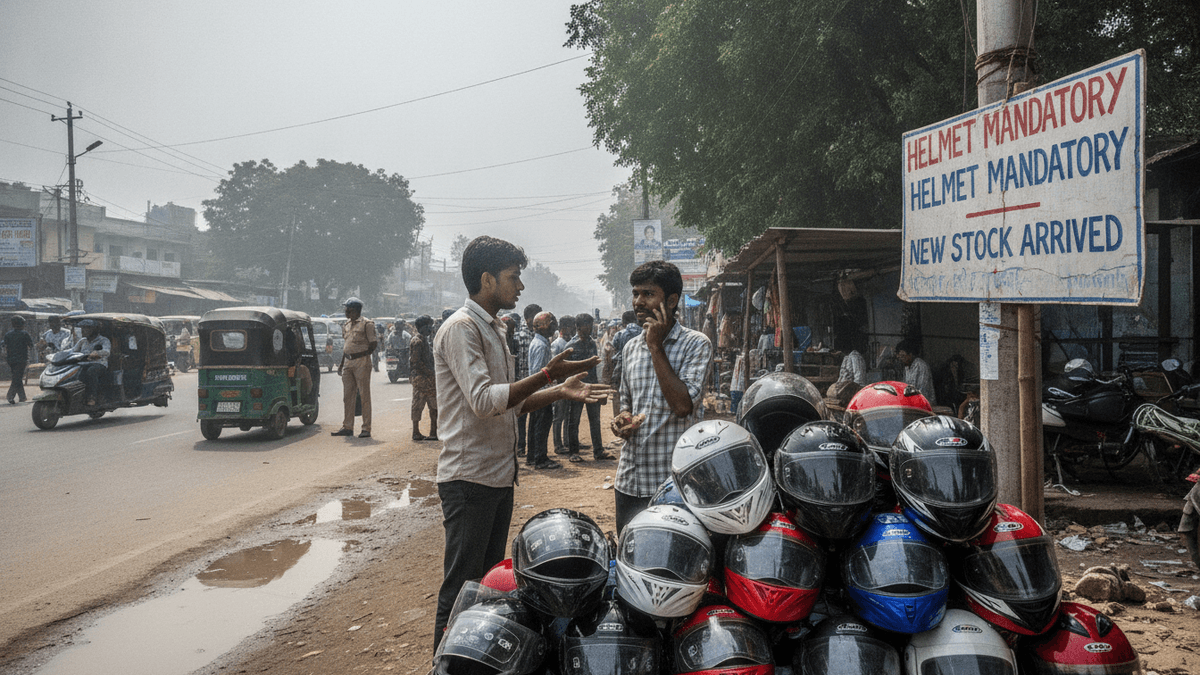 Two men talk beside a large stack of motorcycle helmets next to a dusty road with auto-rickshaws and a police officer.