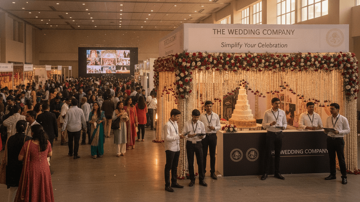 A wide shot of a wedding exhibition hall with a prominent "The Wedding Company" booth adorned with flowers.