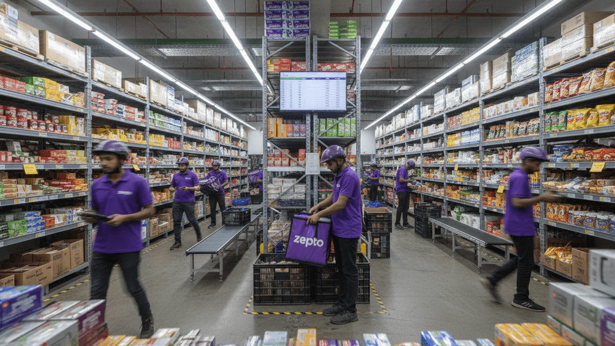 Inside a Zepto dark store, workers in purple uniforms and helmets pick items from shelves, preparing orders.