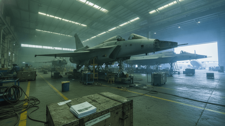 Wide shot of a large, dimly lit aircraft assembly hangar, two Tejas Mk1A fighter jets in various stages of completion.