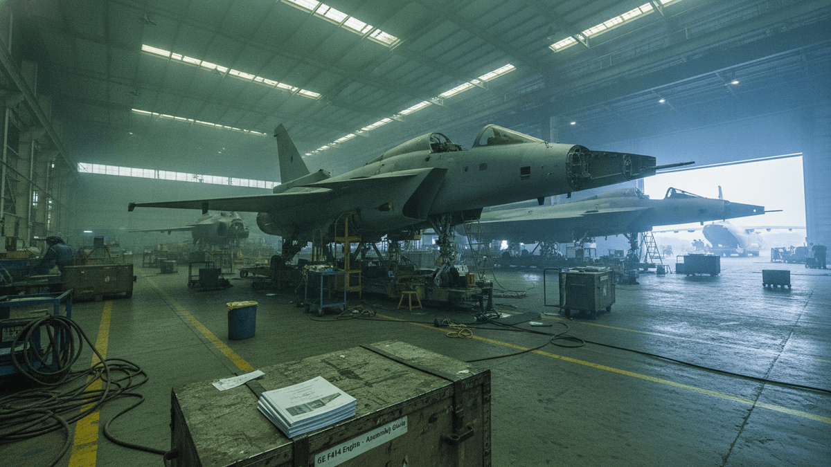 Wide shot of a large, dimly lit aircraft assembly hangar, two Tejas Mk1A fighter jets in various stages of completion.