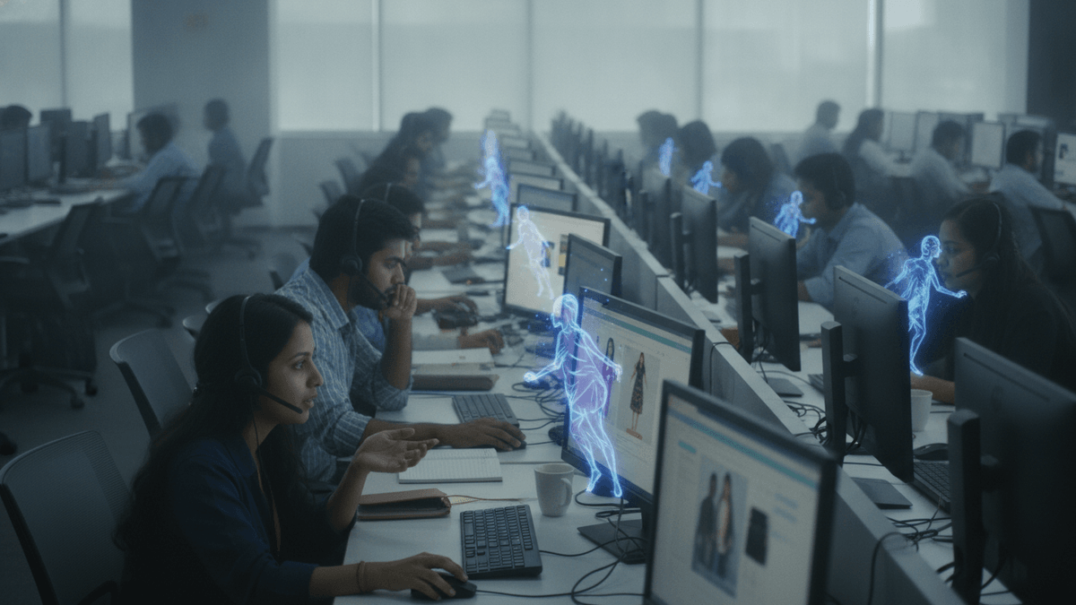 An Indian e-commerce call center at midday, with rows of operators wearing headsets and interacting with holographic AI avatars on screens.