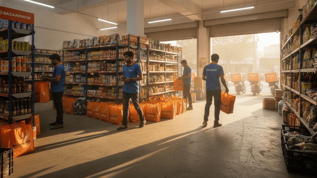An interior shot of a BazaarNow quick commerce dark store with four male employees sorting groceries and other packaged goods for delivery.