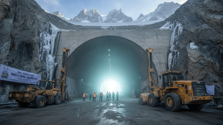 A wide shot of a massive concrete tunnel entrance framed by rugged, snow-dusted mountains. Construction equipment is parked on either side, and a group of workers stands silhouetted by bright light from within the tunnel.