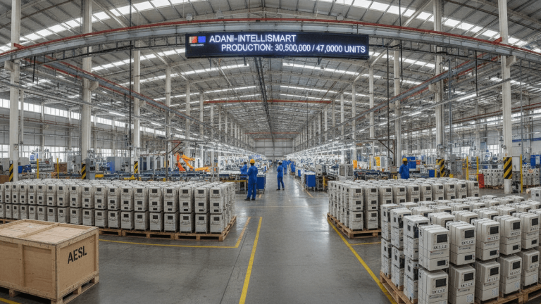Wide shot of a large, brightly lit factory floor with stacks of smart meters on pallets. Workers in blue uniforms are visible.