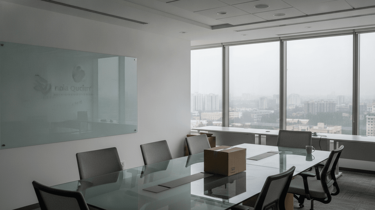 A modern, minimalist conference room with a long glass table, several chairs, and a brown cardboard box placed centrally. Through the large windows, a hazy city skyline is visible under an overcast sky.