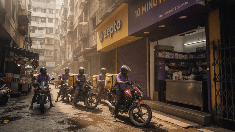 A line of Zepto delivery riders on motorcycles with yellow delivery bags wait outside a Zepto dark store on a wet, narrow street.