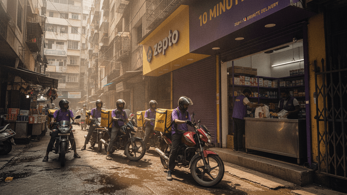 A line of Zepto delivery riders on motorcycles with yellow delivery bags wait outside a Zepto dark store on a wet, narrow street.