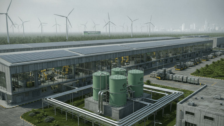 An aerial shot of a large industrial complex featuring a main building with solar panels, green hydrogen tanks, and wind turbines in the distance.
