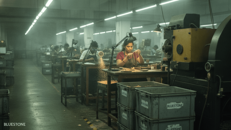 An Indian woman in a red shirt works on jewelry at a wooden desk under a task lamp, surrounded by tools and equipment, with other workers in the background.