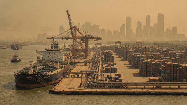 An aerial view of a busy commercial port with a large cargo ship, numerous stacked shipping containers, and a gantry crane.