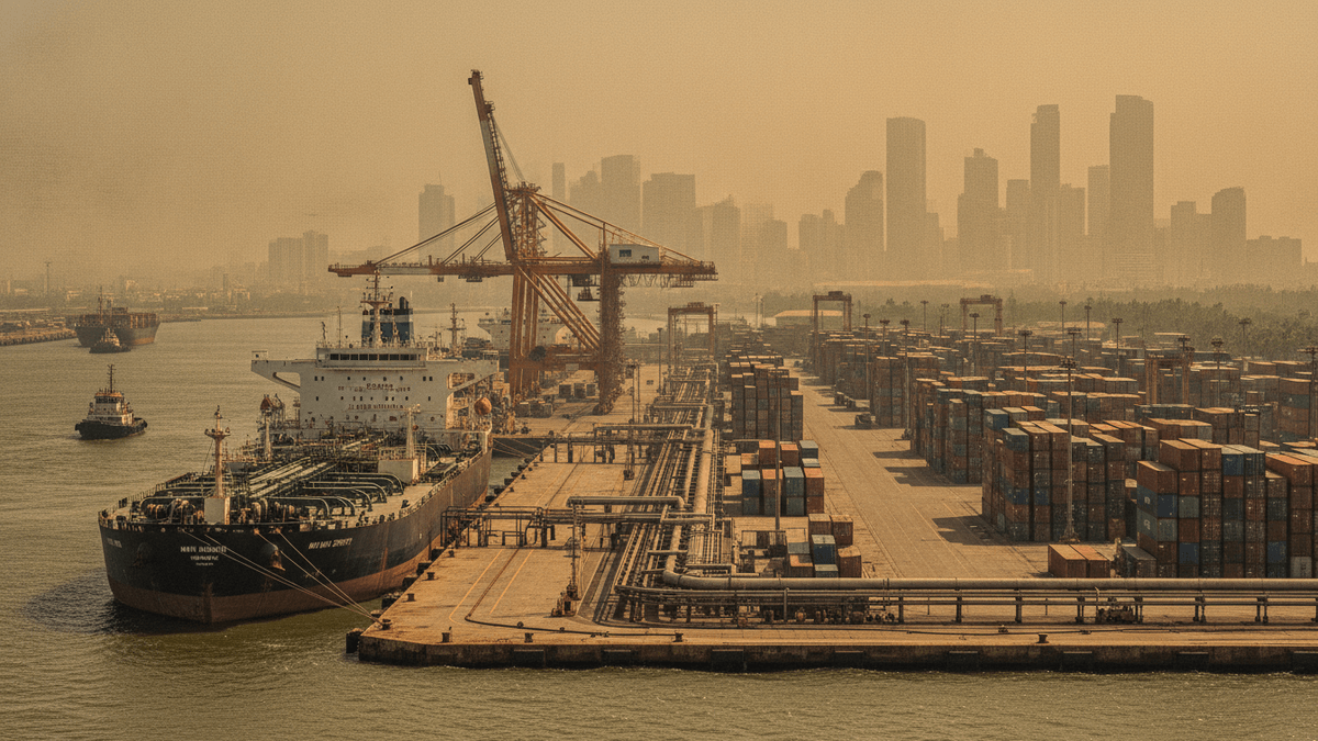 An aerial view of a busy commercial port with a large cargo ship, numerous stacked shipping containers, and a gantry crane.