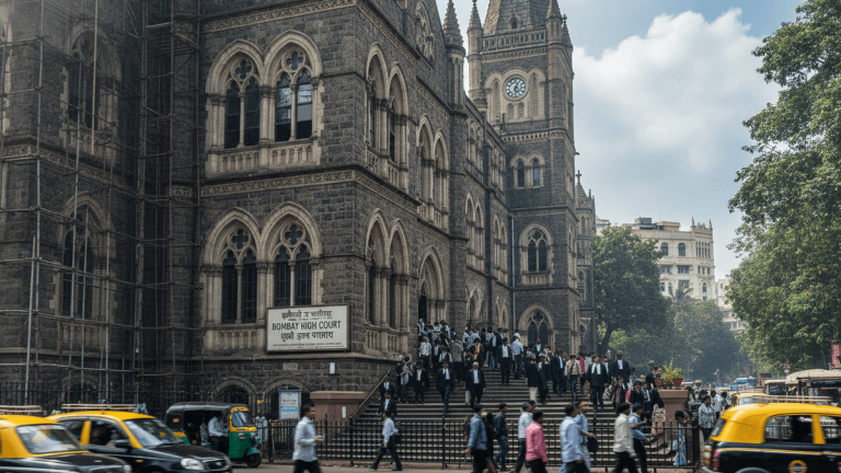 A wide shot of the Bombay High Court building with people ascending and descending its grand steps, and street traffic in the foreground.