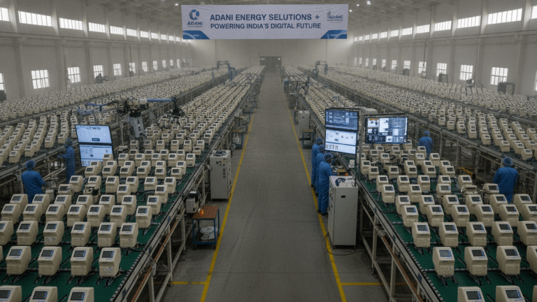 A vast industrial facility features multiple long assembly lines filled with identical white smart meters, and workers in blue.