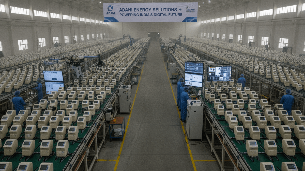 A vast industrial facility features multiple long assembly lines filled with identical white smart meters, and workers in blue.