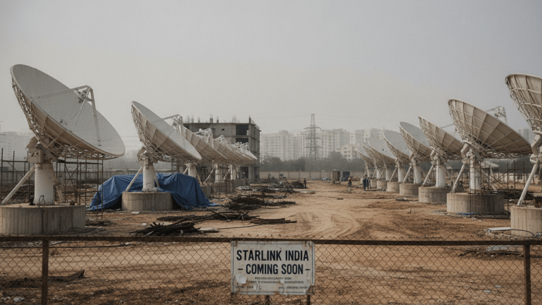 A wide shot of a dusty construction site in India with multiple large satellite dishes under an overcast sky.
