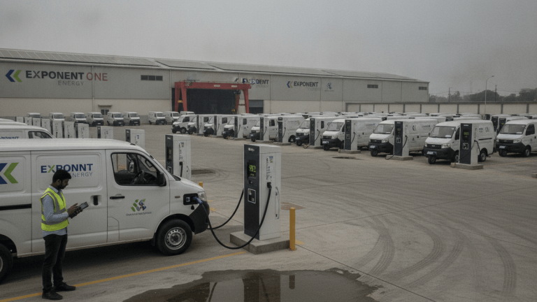 A man in a high-visibility vest stands beside a white commercial EV van connected to a charging station in a large depot.