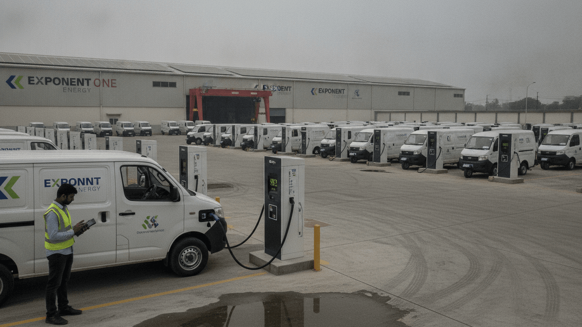 A man in a high-visibility vest stands beside a white commercial EV van connected to a charging station in a large depot.