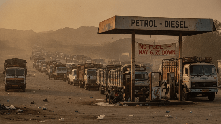 A long line of diesel trucks stretches into the distance on a dusty road at sunset, waiting at a small, old gas station with a "NO FUEL" sign.