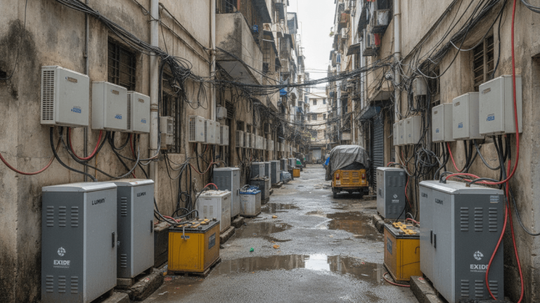 A narrow, wet alleyway between old buildings, lined with various home battery inverters, air conditioning units, and tangled electrical wiring.