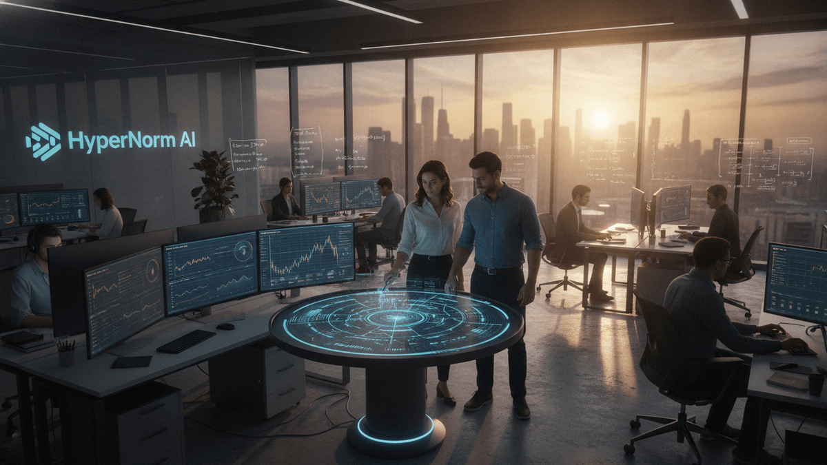 An interior shot of a modern, open-plan office at sunset, featuring a central holographic display table with two people interacting.
