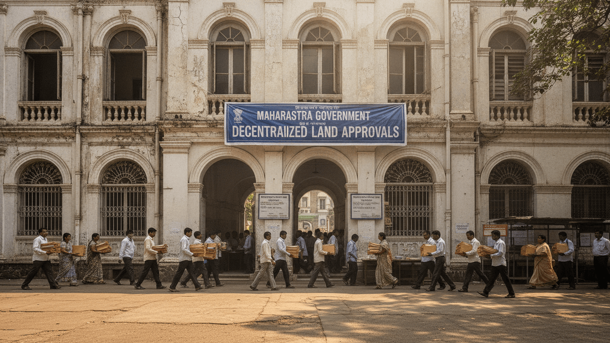 A banner reading "MAHARASHTRA GOVERNMENT DECENTRALIZED LAND APPROVALS" hangs on a historic building facade.