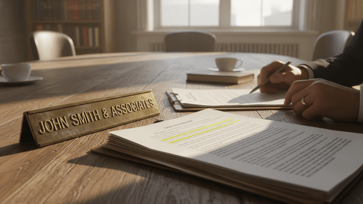 A close-up shows hands signing documents on a wooden conference table, with a brass nameplate "JOHN SMITH & ASSOCIATES" in the foreground.