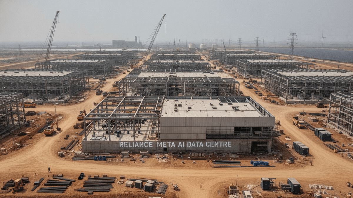 An aerial shot of a vast construction site with numerous steel skeletal structures, some partially clad, under a hazy sky.