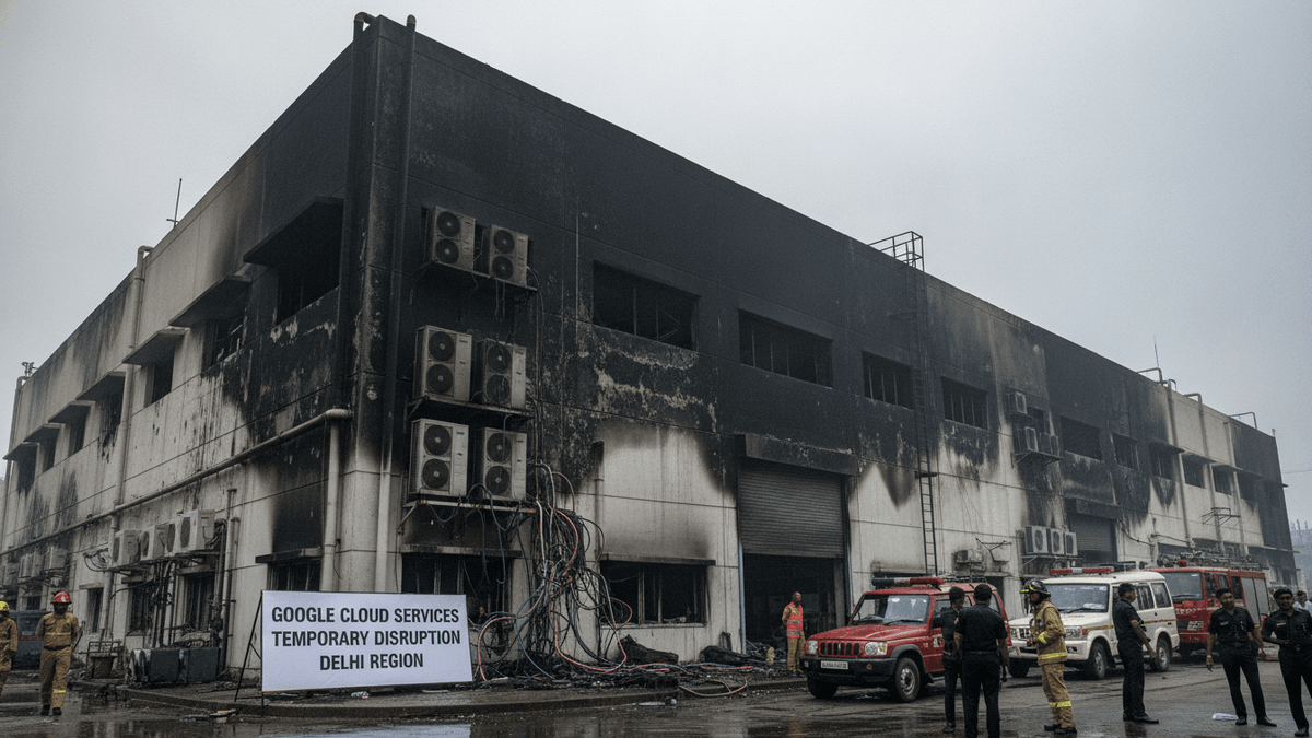 A large, severely smoke-stained building in Delhi with fire trucks and emergency personnel outside. A white sign says "GOOGLE CLOUD SERVICES TEMPORARY DISRUPTION DELHI REGION."